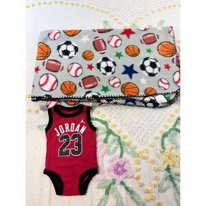 Jordan 23 Baby Bodysuit Red 6M and Mainstays Sports Fleece Blanket Set